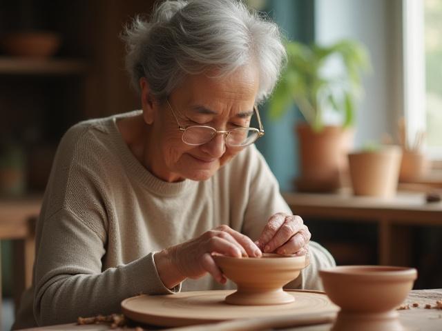 도예 워크숍에서 흙을 만지는 중년 여성