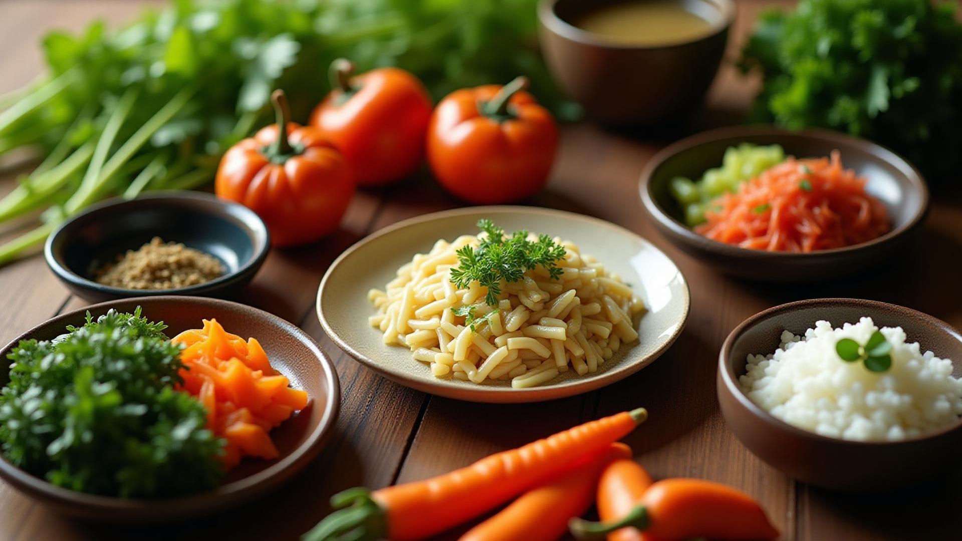 신선한 채소와 허브가 가득한 정갈한 테이블 및 먹음직스러운 건강한 한식 요리 클로즈업 사진