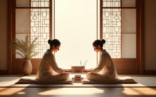 한옥에서 전통차를 마시는 모습